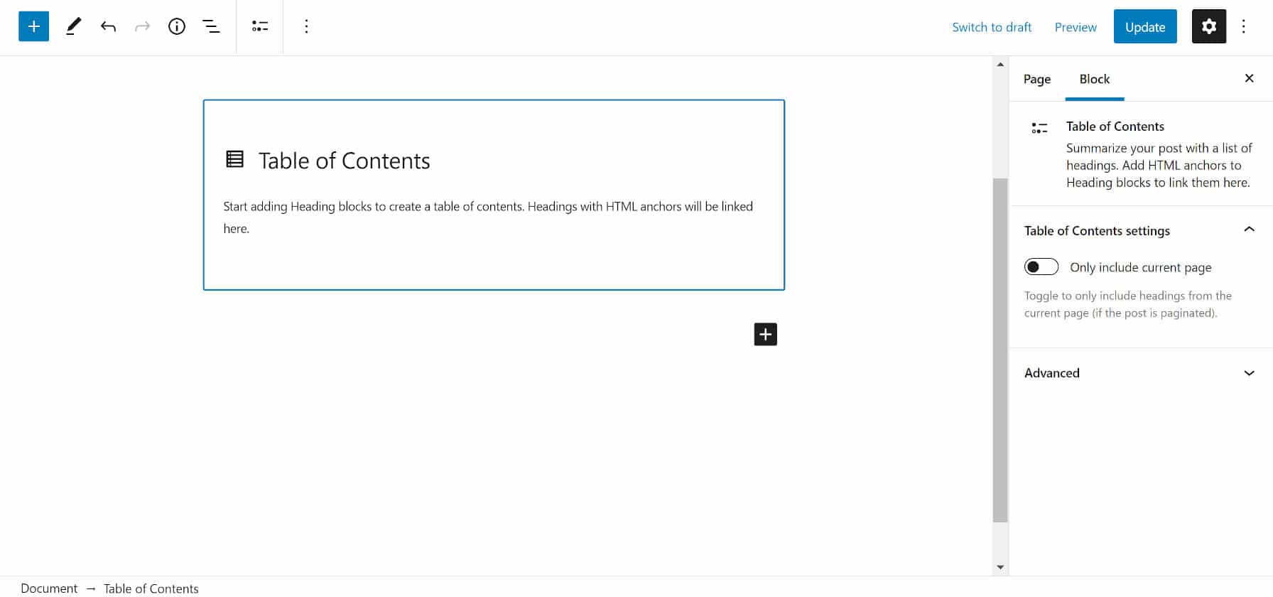 Gutenberg Table of Contents - Without Heading Blocks